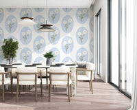 Dining room feature in the Scalloped Floral Serenity wallpaper with sage stems