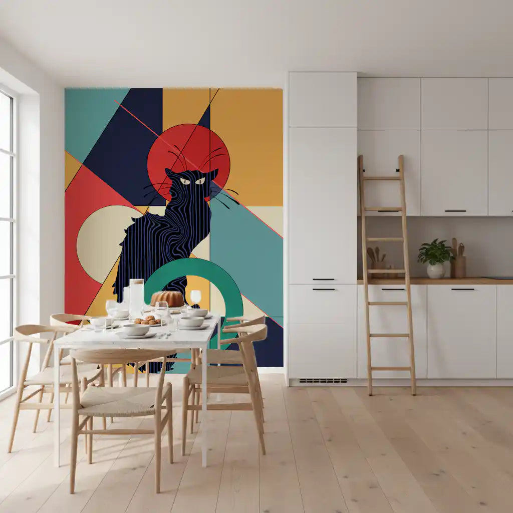 Geometric feline colours from the Black Cat wall mural fill a kitchen area