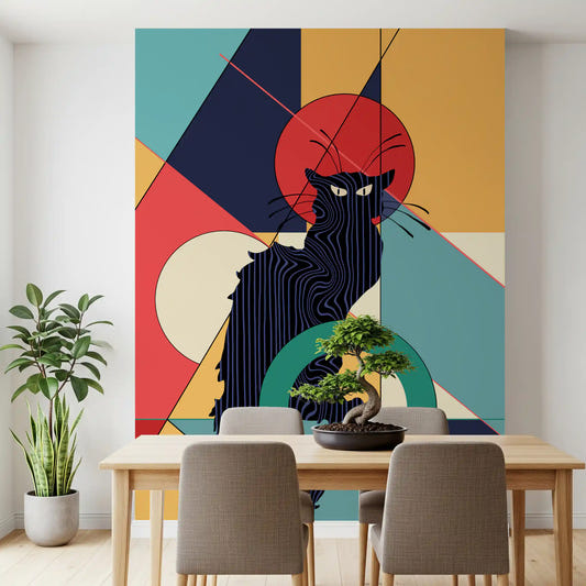 Dining room table and chairs sit before the bold Black Cat wall mural