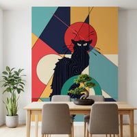 Dining room table and chairs sit before the bold Black Cat wall mural