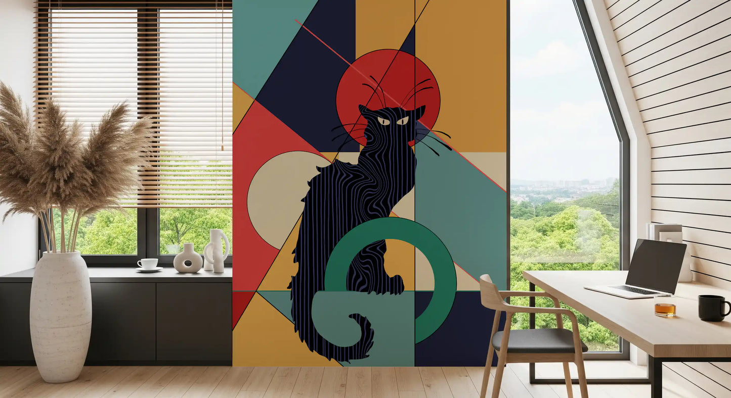 A Work  area gains retro character with the Black Cat wall mural on one side