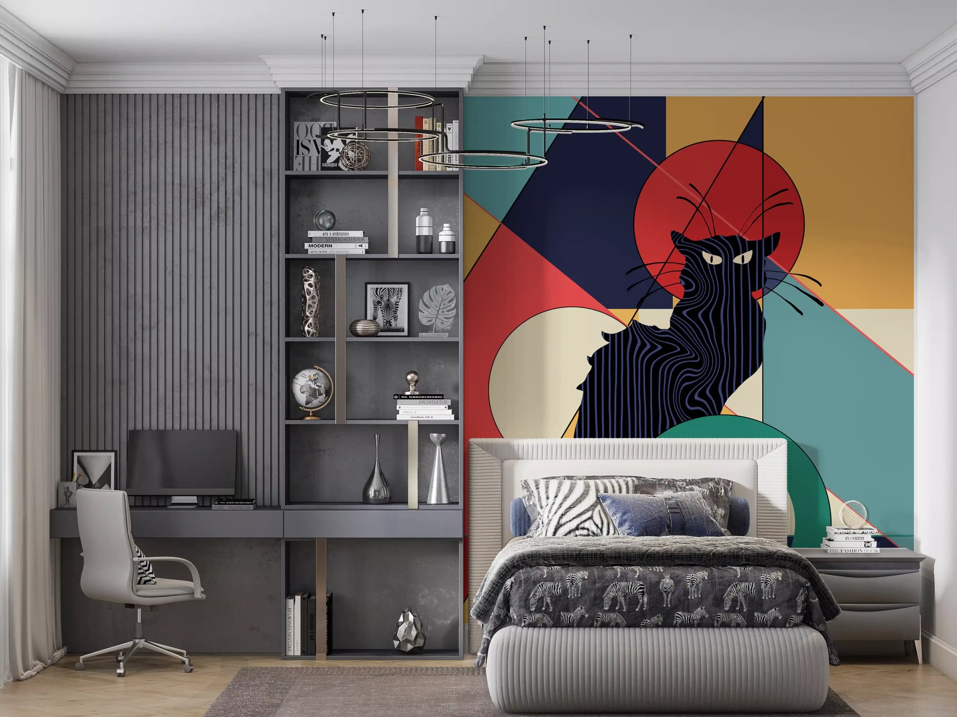 Black Cat wall mural covers a bedroom accent behind a neutral bed