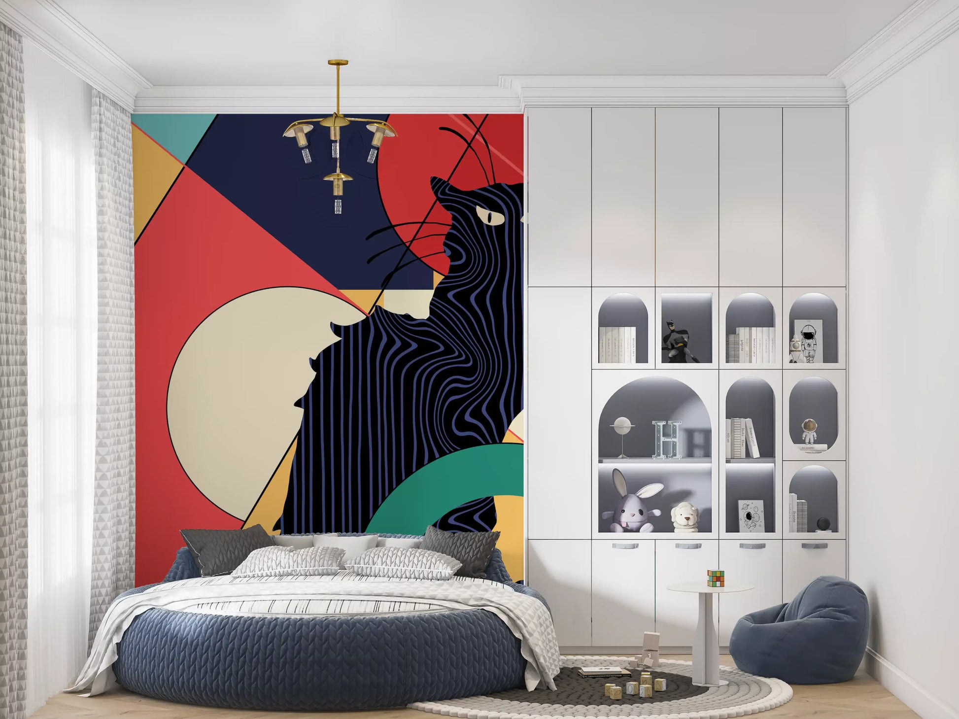 Bedroom pairs with the vivid Black Cat wall mural on the back 