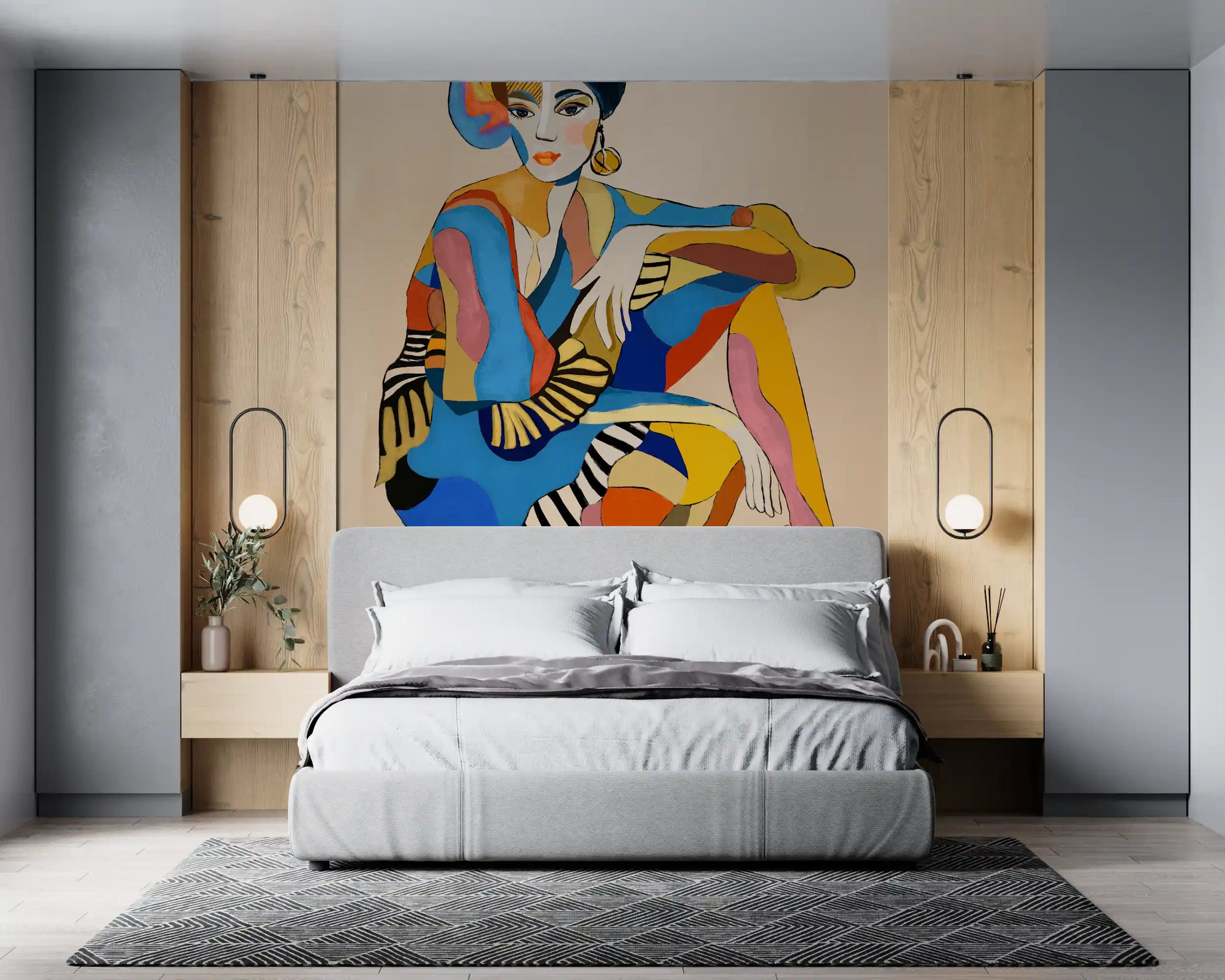 Contemporary lounge pairs pale tones with Cabaret Dancer wall mural