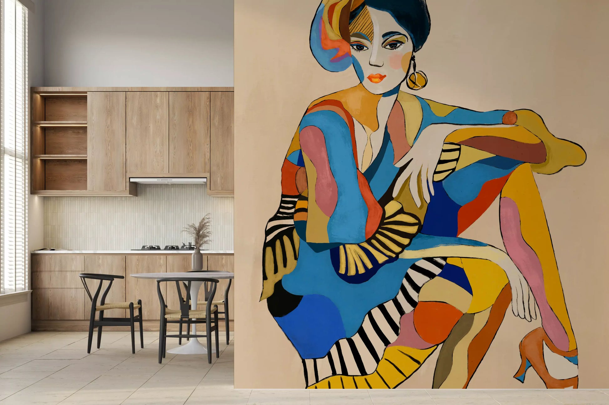 Neutral dining room with The Cabaret Dancer figurative wall mural