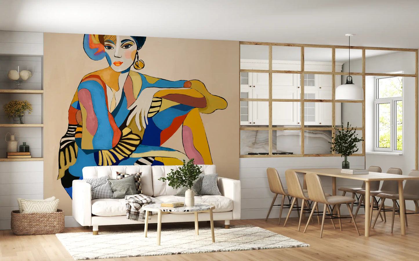 Warm beige entryway showcasing The Cabaret Dancer wall mural