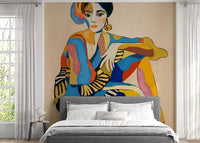 Bedroom featuring The Cabaret Dancer wall mural in bold blue and gold
