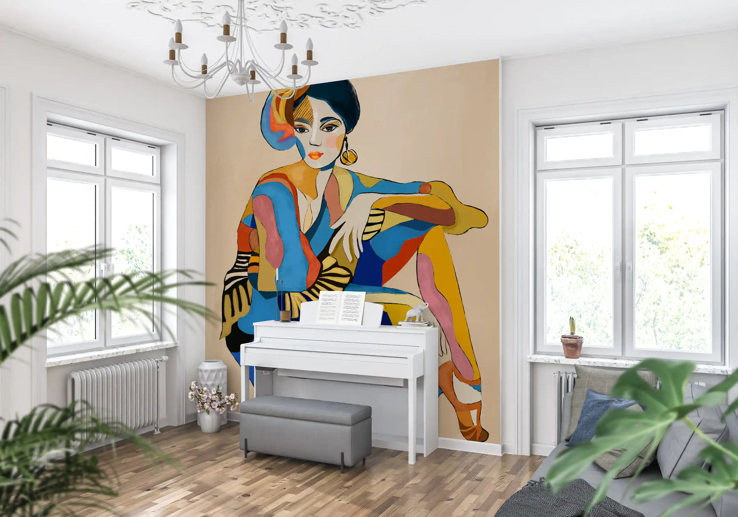 Flat colour planes form a poised figure in Cabaret Dancer wall mural
