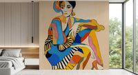 Seated woman in cobalt and gold on The Cabaret Dancer wall mural