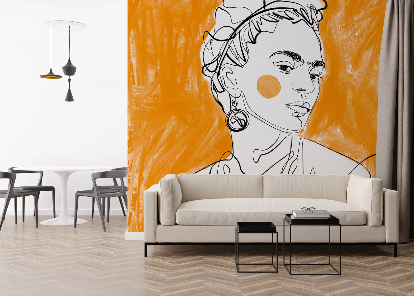 Orange and black Tangerine wall mural covering a living room feature