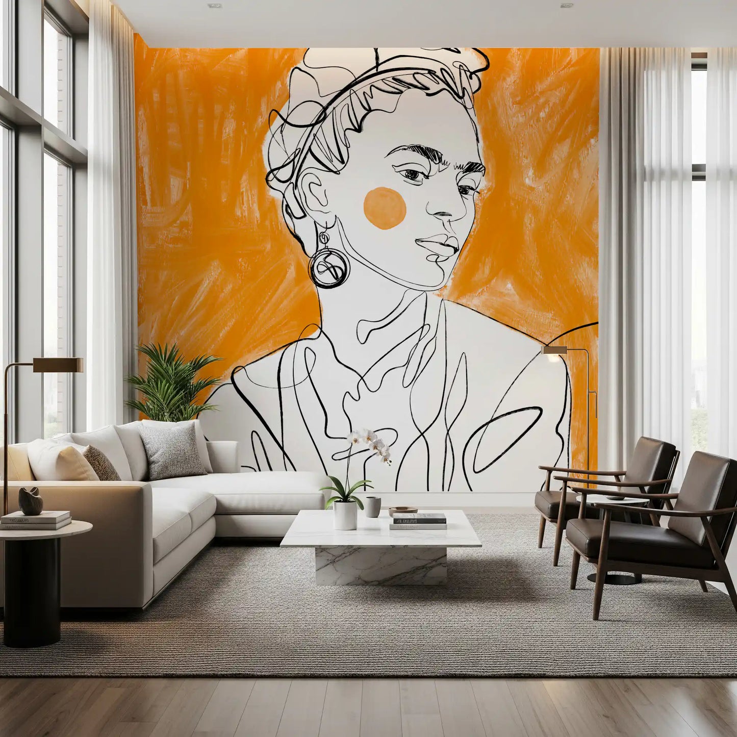 Black contour linework over tangerine on the Muse wall mural surface
