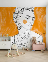 Tangerine Muse wall mural with orange portrait linework in a Nursery room 