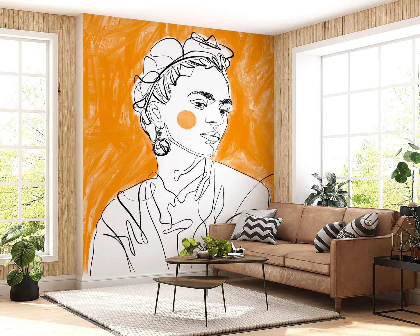 The Tangerine Muse wall mural adds warmth to a lounge