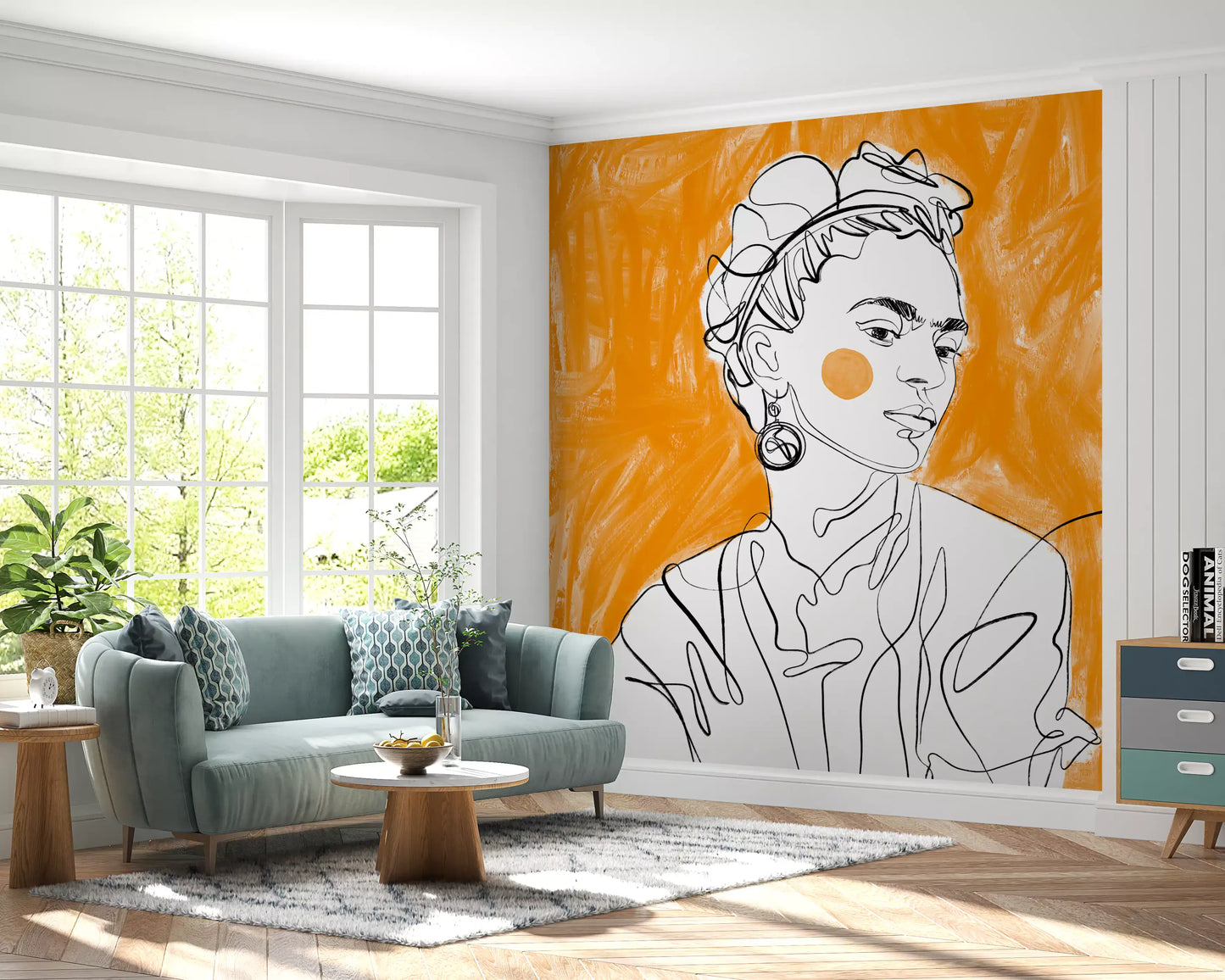 A living room glows with the tangerine backdrop of this Muse wall mural