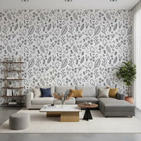 Cottage Wildflowers wallpaper behind a neutral toned living room with natural light