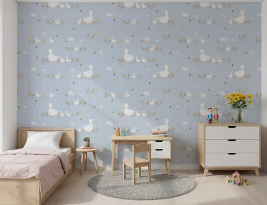 Kids' room with Baby Ducklings wallpaper behind a low single bed and round rug