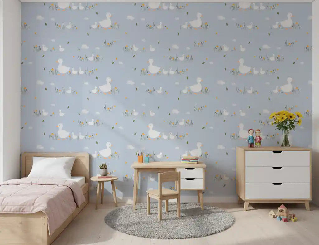 Kids' room with Baby Ducklings wallpaper behind a low single bed and round rug
