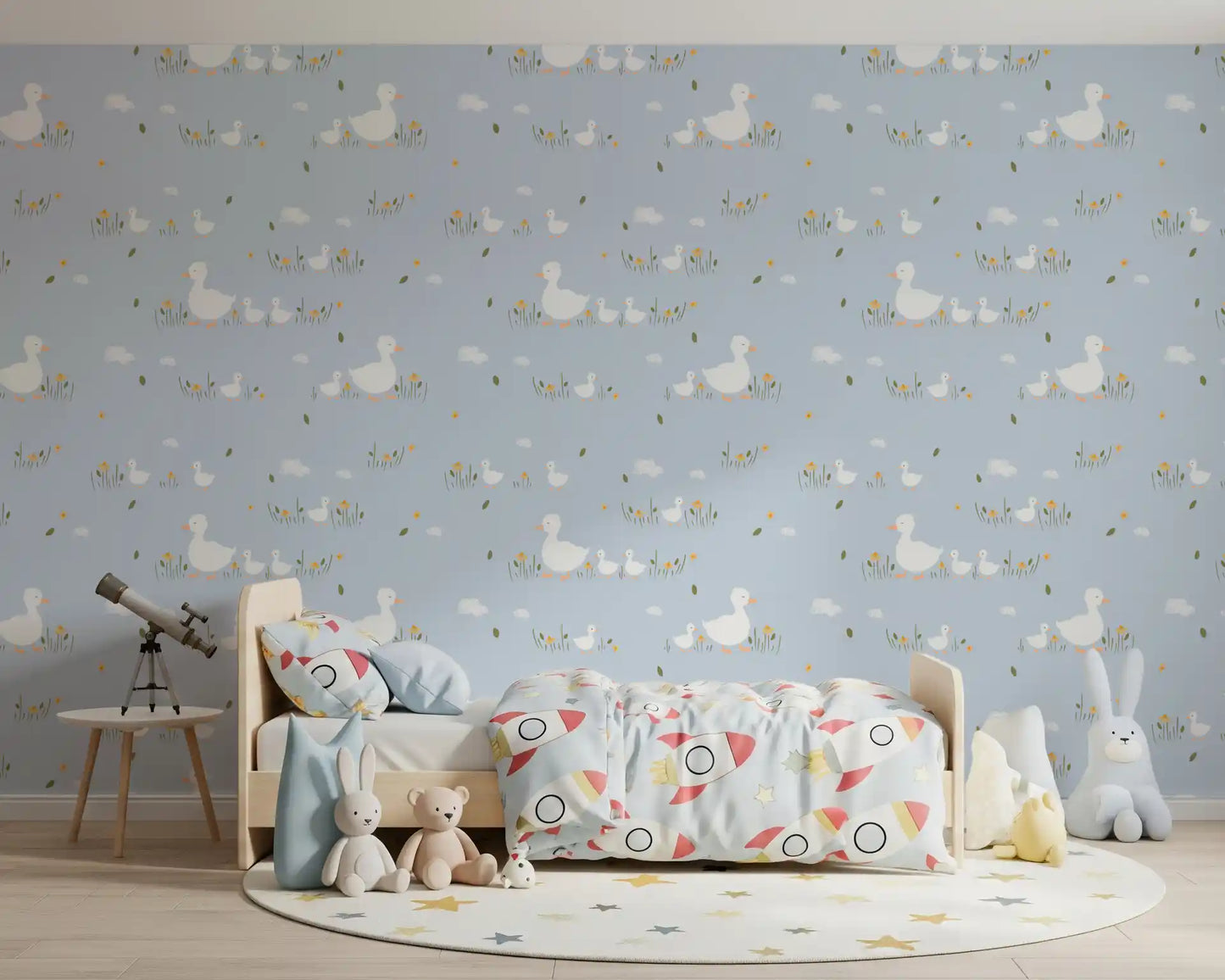 Kids bedroom tucked into Baby Ducklings wallpaper beside a low 