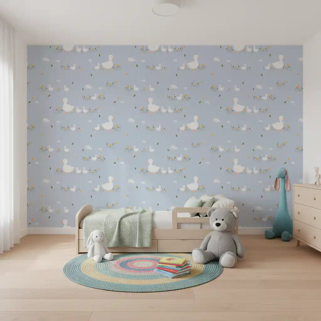 Mother duck and ducklings stride past daisies on the Baby Ducklings wallpaper