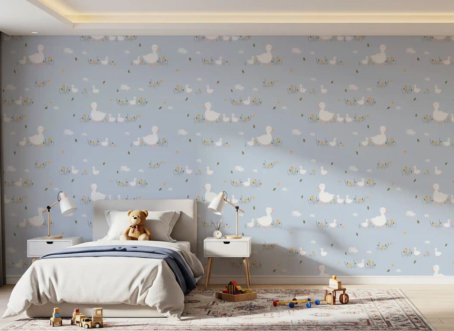 Chalky cloud puffs drift between motifs on this Baby Ducklings wallpaper layout

