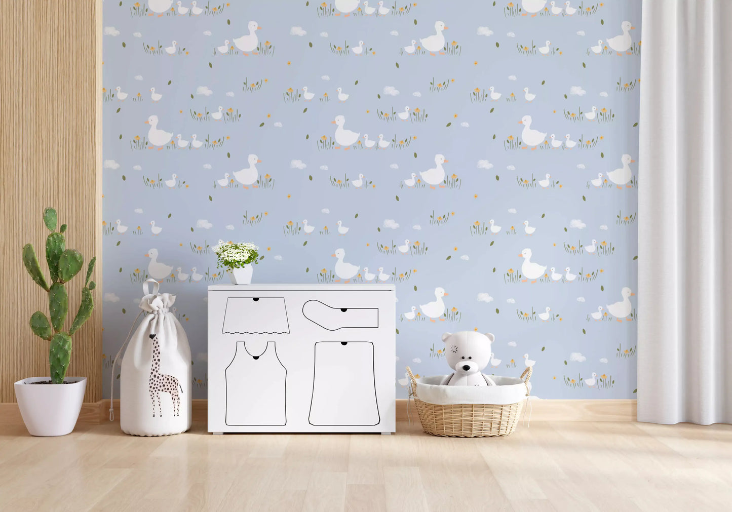 Playroom corner where Baby wallpaper meets a rainbow rug and toy storage