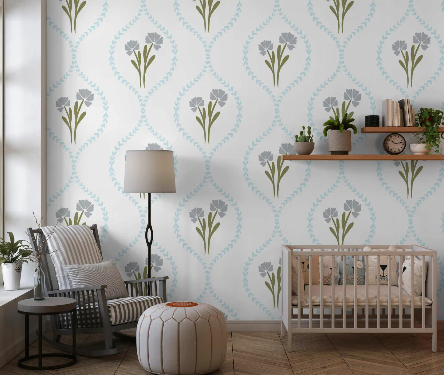 Cornflower clusters sit centred inside each diamond of the wallpaper repeat