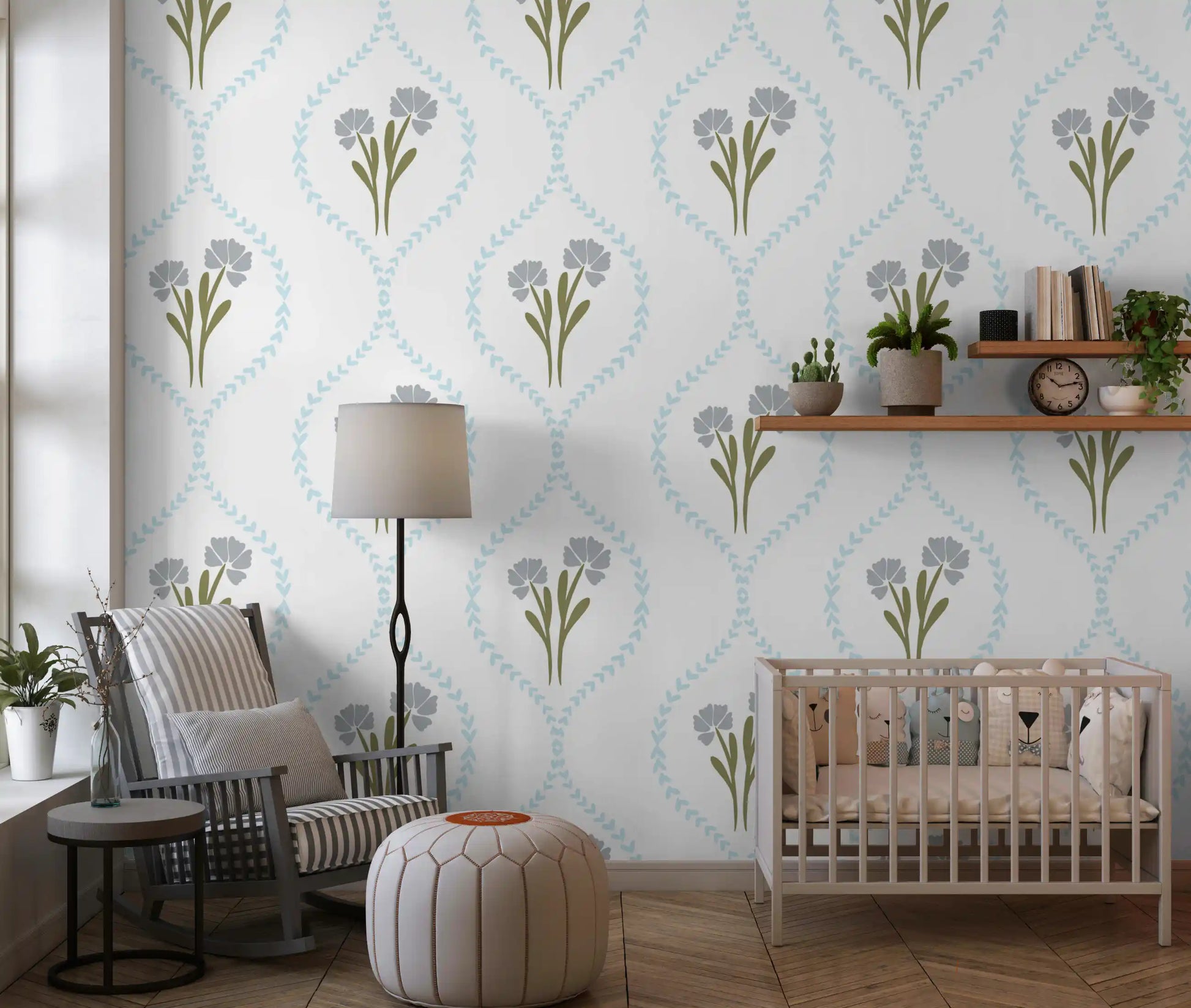 Cornflower clusters sit centred inside each diamond of the wallpaper repeat