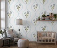 Cornflower clusters sit centred inside each diamond of the wallpaper repeat