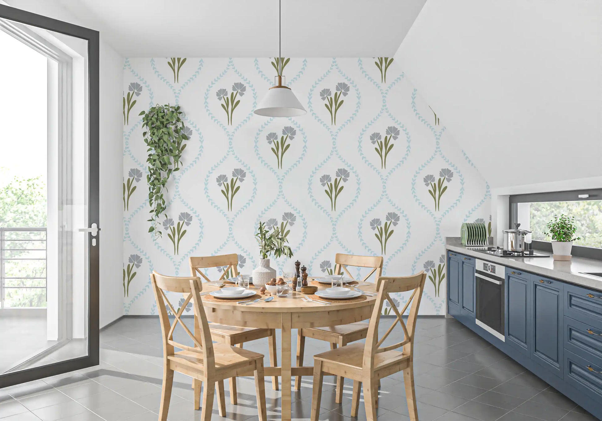 Slim olive stems carry small dusty-blue blooms inside the trellis wallpaper