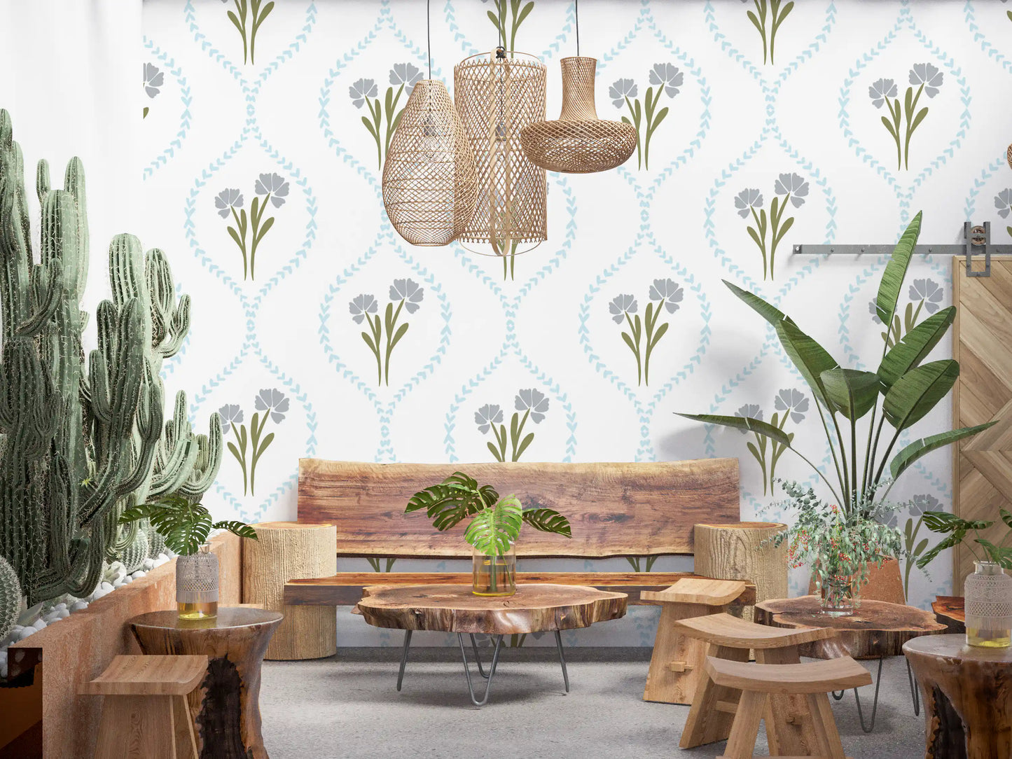 Dining area around delicate Cornflowers wallpaper and warm timber tones