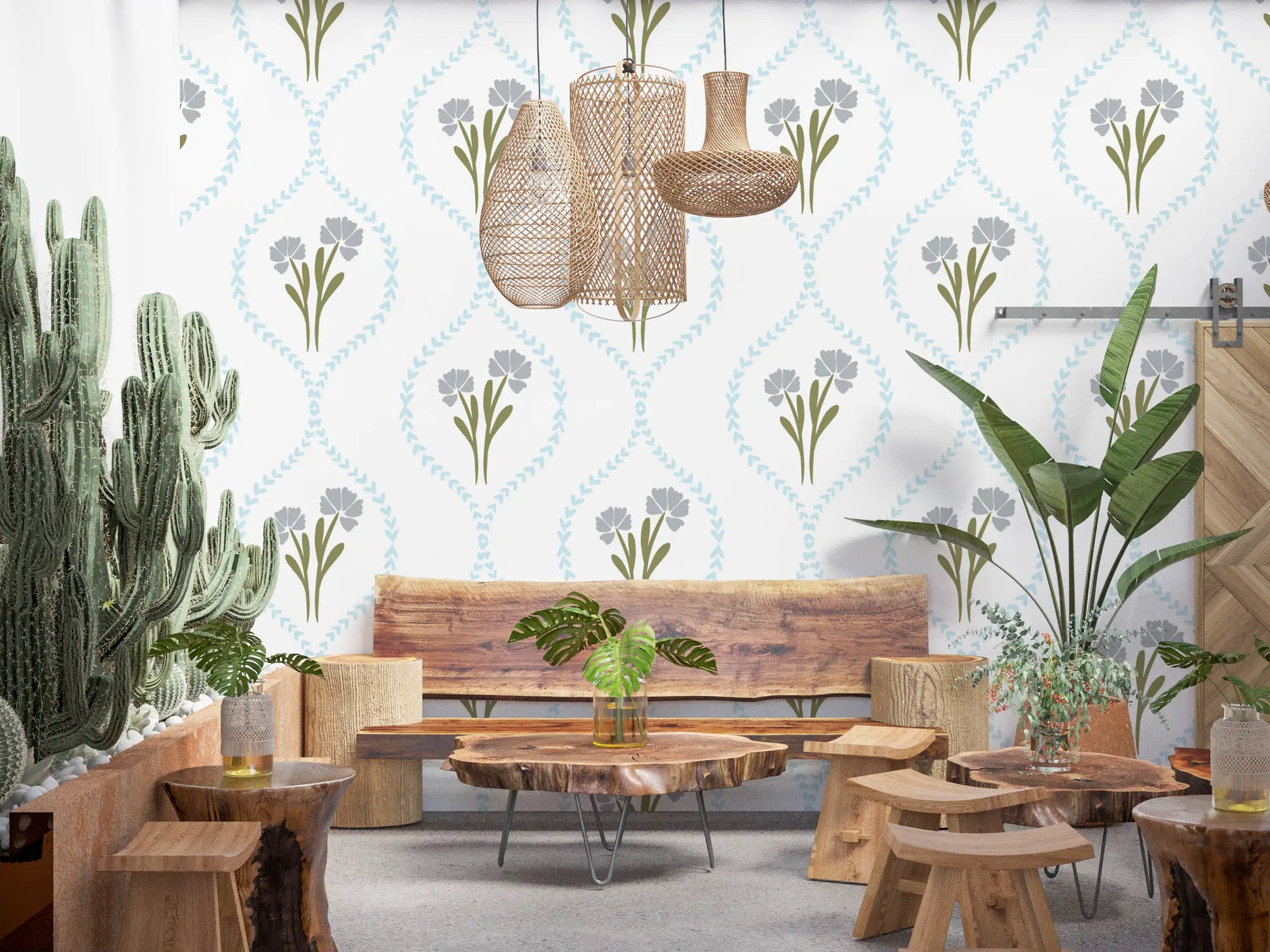 Dining area around delicate Cornflowers wallpaper and warm timber tones