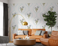 Heart-dot ogee outlines linking grey-blue florals across the Cornflowers wallpaper