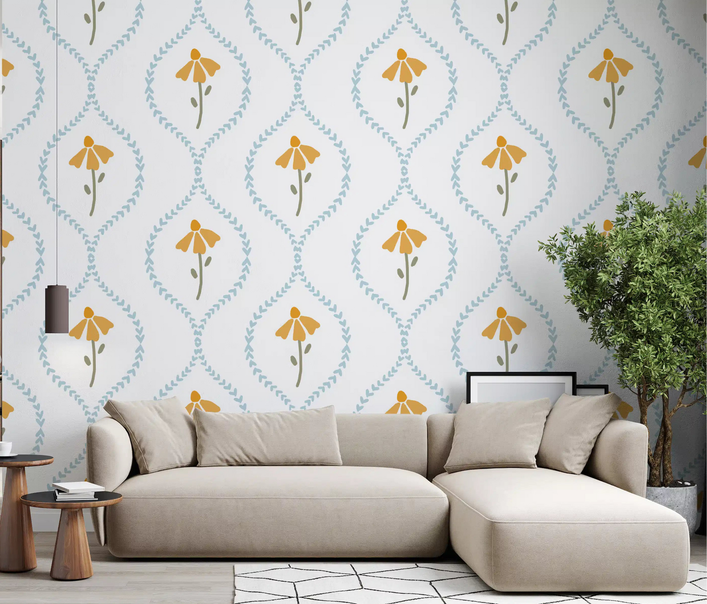 Beige sectional in a living room with Sweet Blossom Pattern wallpaper