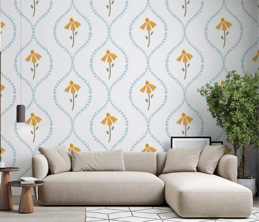 Beige sectional in a living room with Sweet Blossom Pattern wallpaper