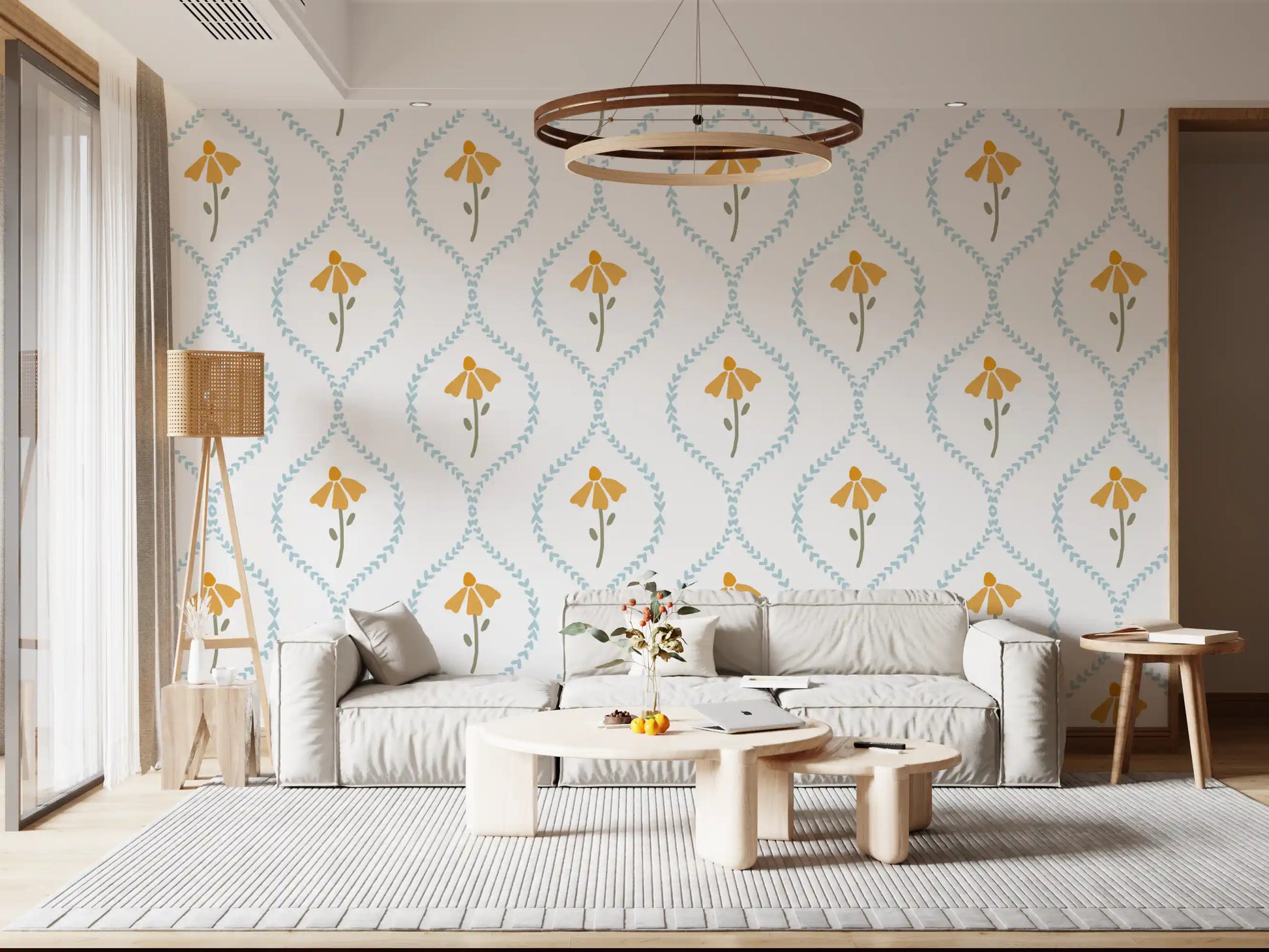 Modern Living area styled around the Sweet Heart Blossom wallpaper