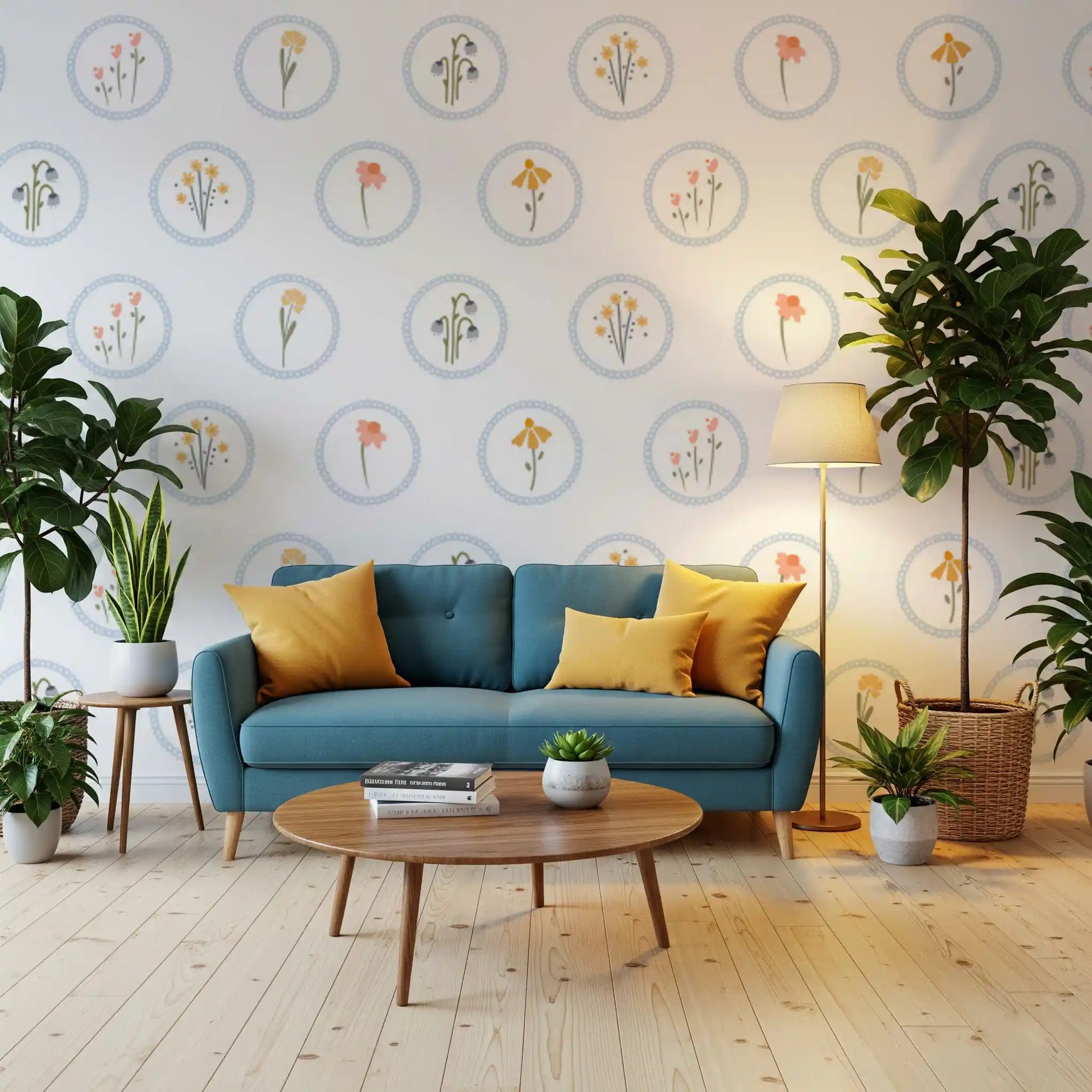 Living area picks up cottage charm from the wildflowers wallpaper 