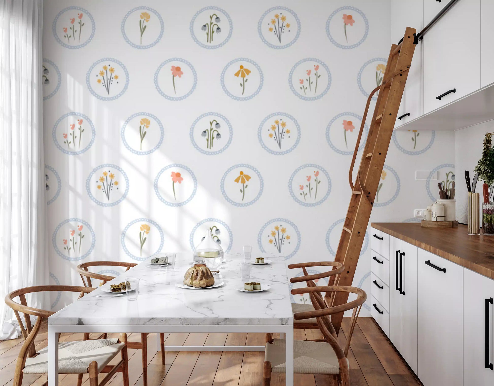 Kitchen and dining room  with horse under the Cottage Wildflowers wallpaper repeat
