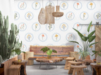 Pale blue doily sprigs of the Cottage Wildflowers wallpaper edge a Dining area 
