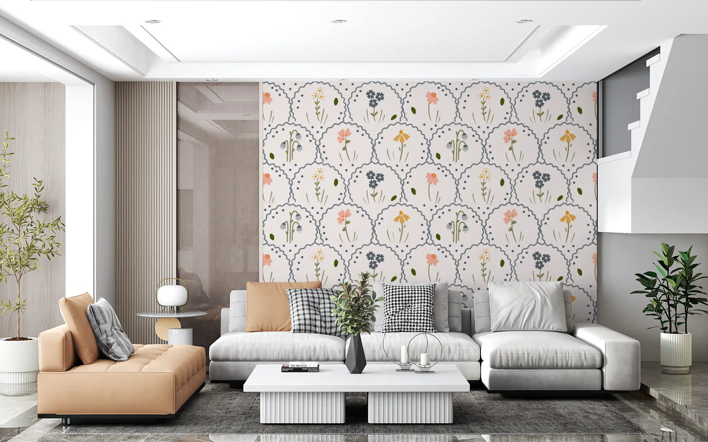 Wildflowers wallpaper in a Living room adding arched floral charm