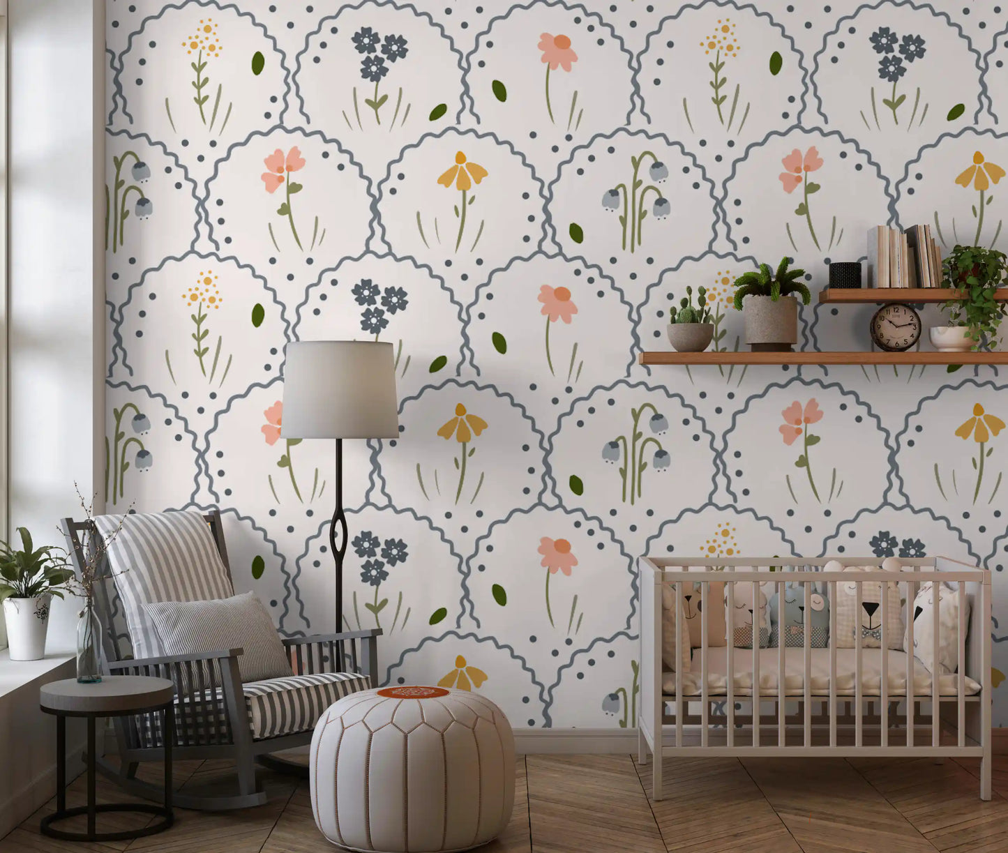 Victorian floral wallpaper showing olive stems and scattered charcoal dots