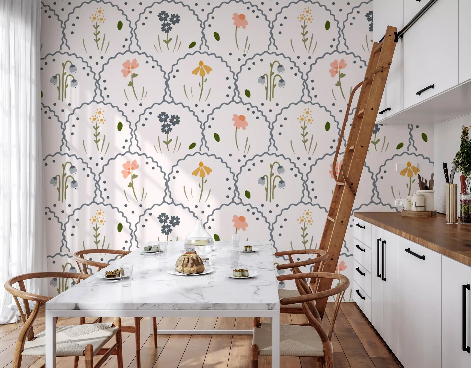 Kitchen and dining room area the Victorian floral wallpaper covers the 