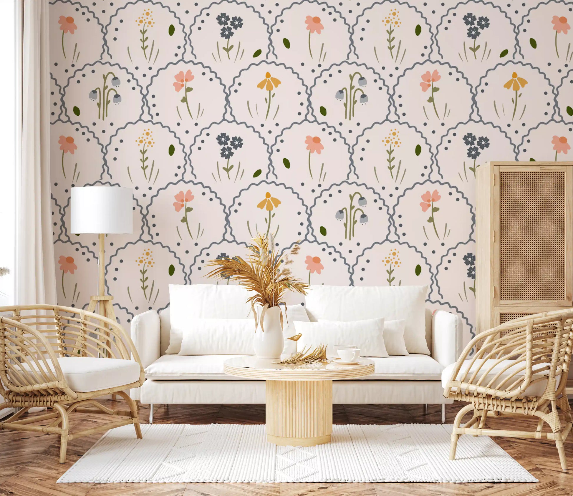Coral coneflower and hanging snowdrop on the Wildflowers Victorian wallpaper