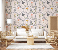 Coral coneflower and hanging snowdrop on the Wildflowers Victorian wallpaper