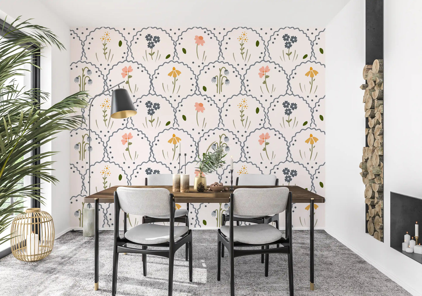 Repeating scalloped pattern across the Victorian Wildflowers wallpaper
