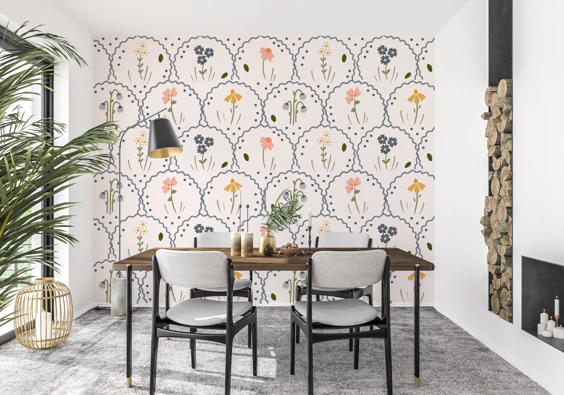Repeating scalloped pattern across the Victorian Wildflowers wallpaper