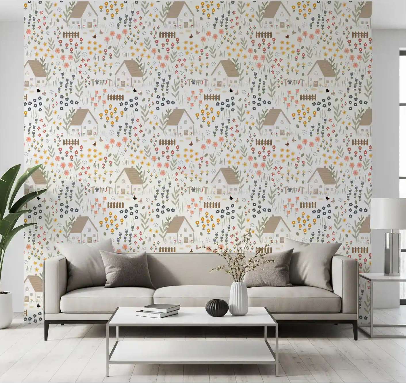 Country Cottage wallpaper adding a floral cottage pattern to a living room