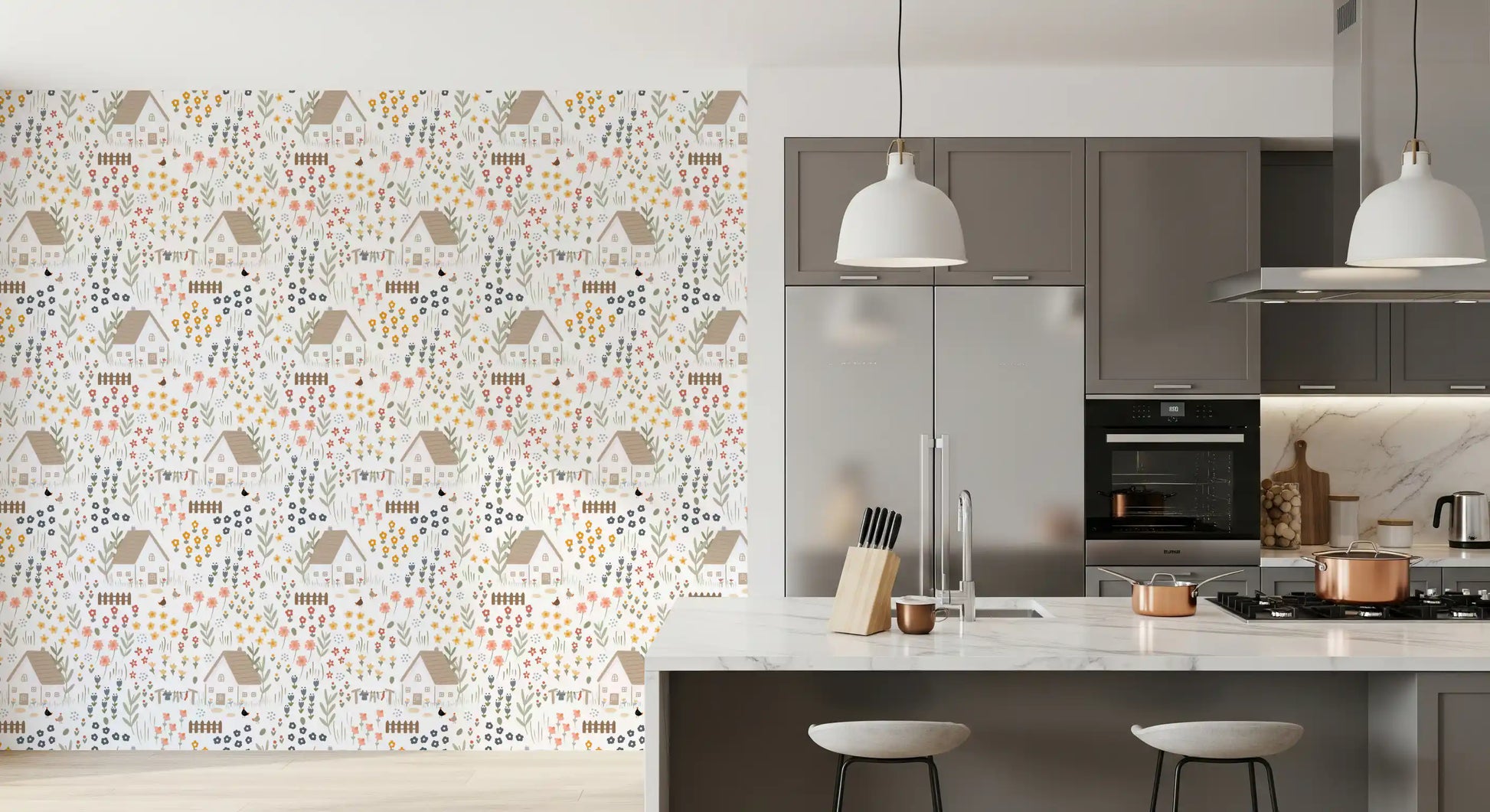 A kitchen-dining area lined with the Country Cottage wallpaper