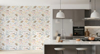 A kitchen-dining area lined with the Country Cottage wallpaper