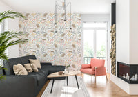 Country Cottage wallpaper behind a Living room in warm peach and sage tones