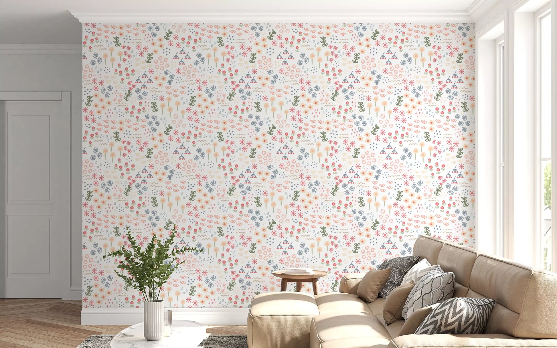 English Flowers wallpaper in a bright living room